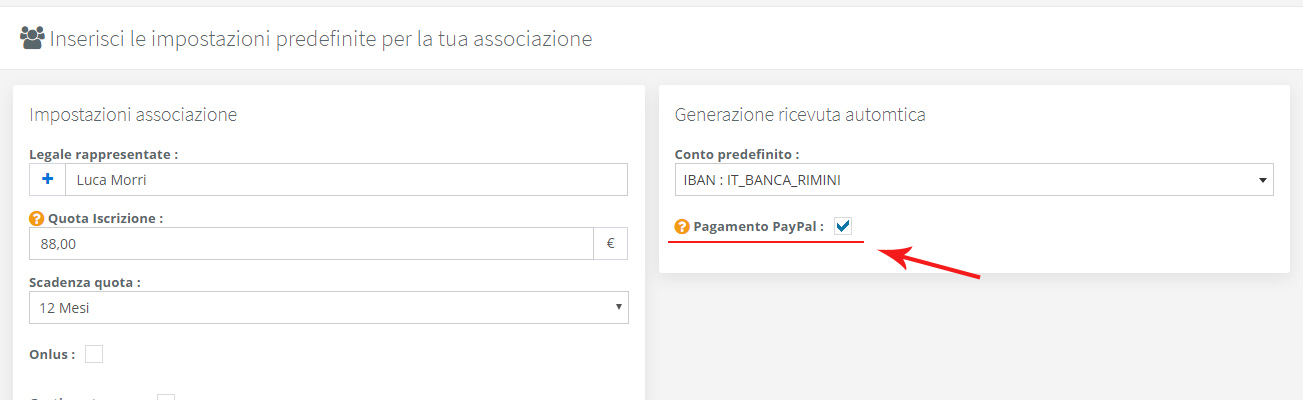 Associazione - Abilitazione pagamento PayPal