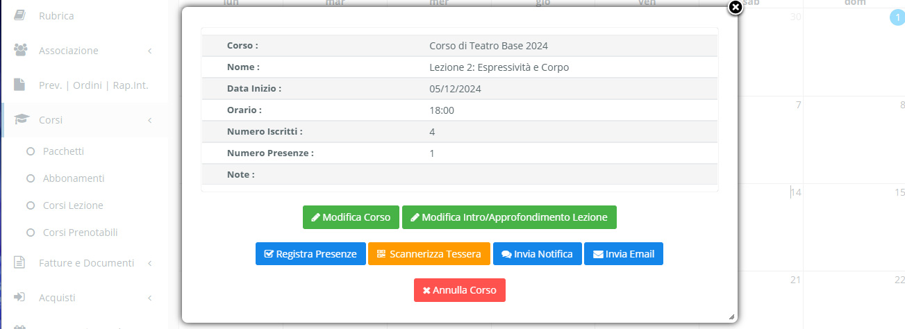 Corsi - Calendario dettaglio Lezione