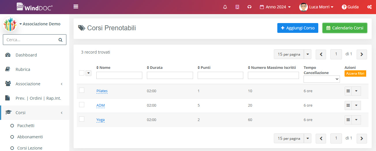 Corsi - Lista Corsi Prenotabili