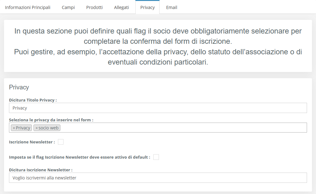 Form Iscrizione Associazione - Prodotti