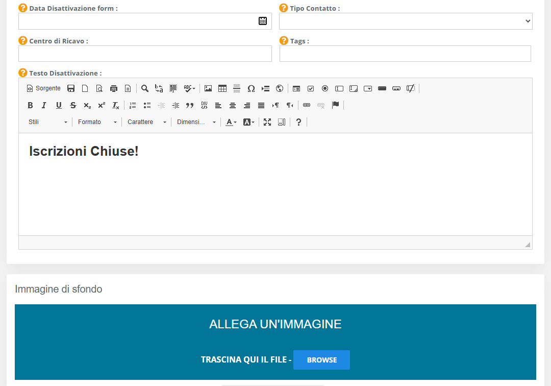 Aggiungi/Modifica Form Iscrizione - Informazioni Principali