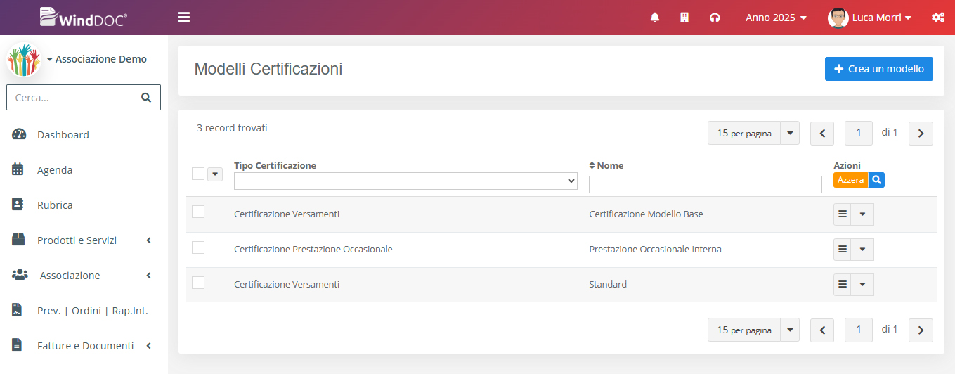 Associazione - Lista Modelli Certificazioni